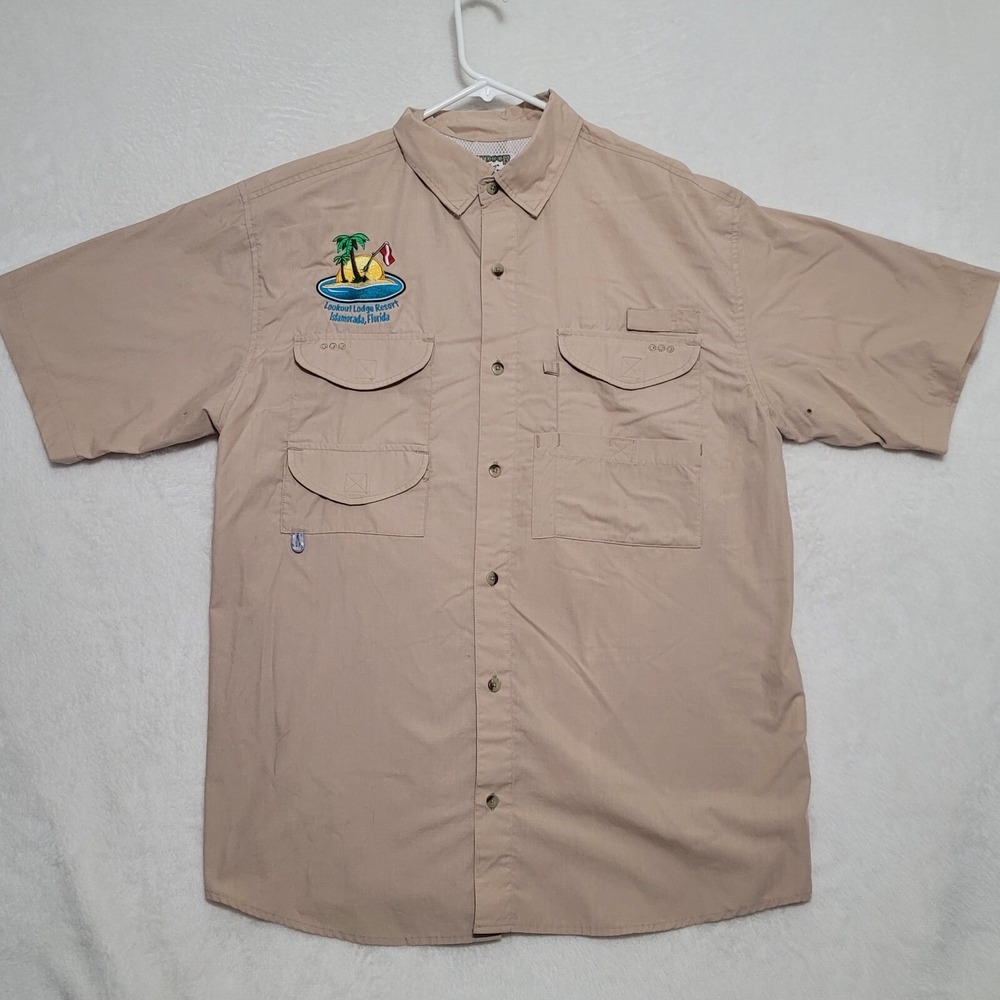 Outdoor By Hilton Men's Fishing Shirt Size L Beige Short Sleeved Vented